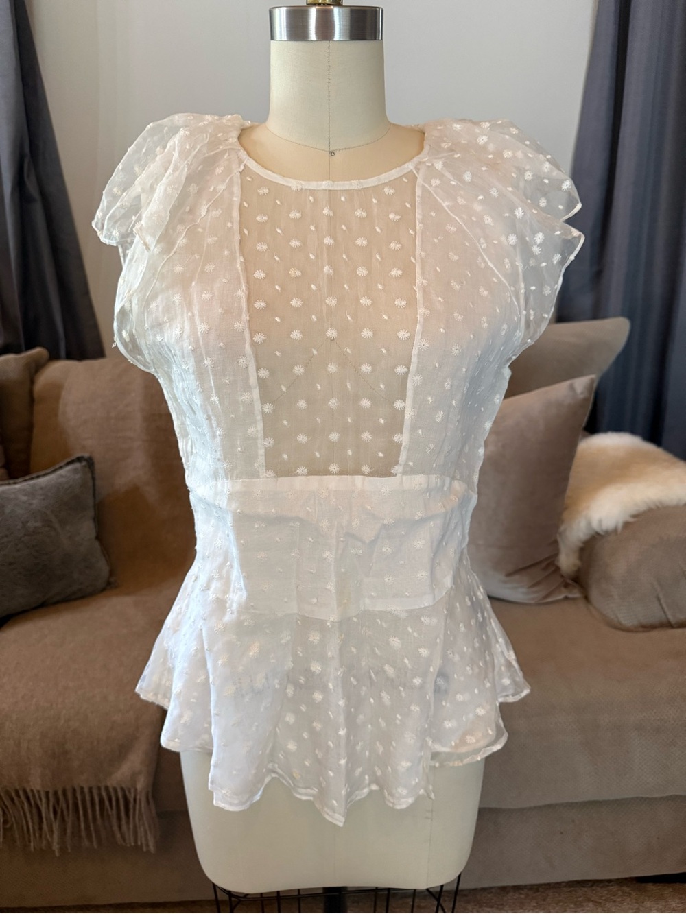 White appliqué sheer panel blouse